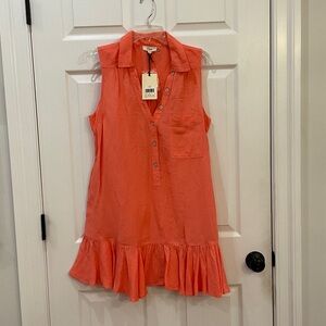 Elan Coral Button-Up Dress with Ruffle Hem. Linen. Smoke free home. Never worn.